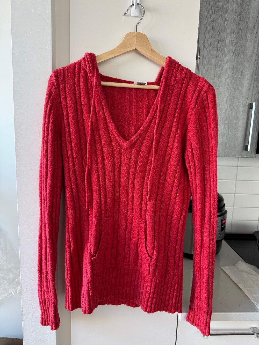 Maurices Red V-Neck Hooded Ribbed Sweater